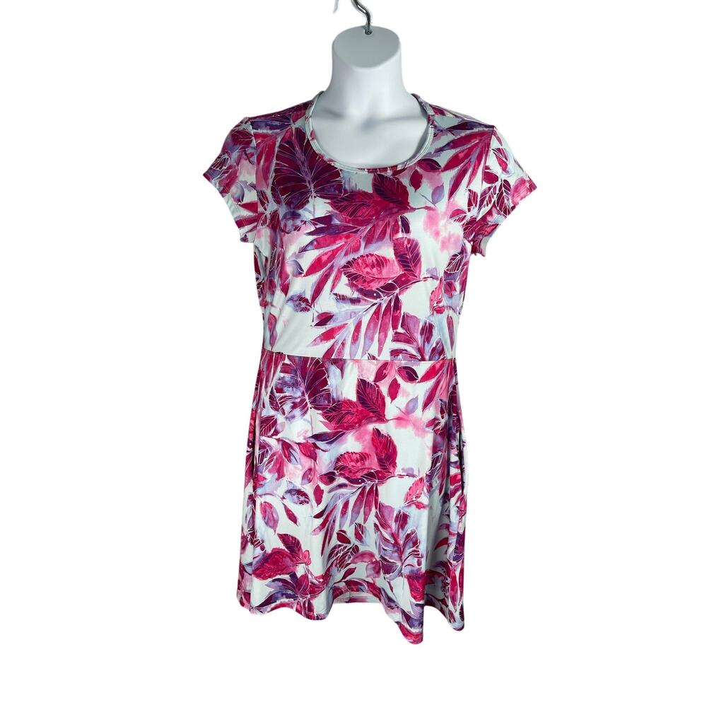 Reel Legends Dress Large Aqua Pink Lavender Tropical Cut Out Back Travel Outdoor